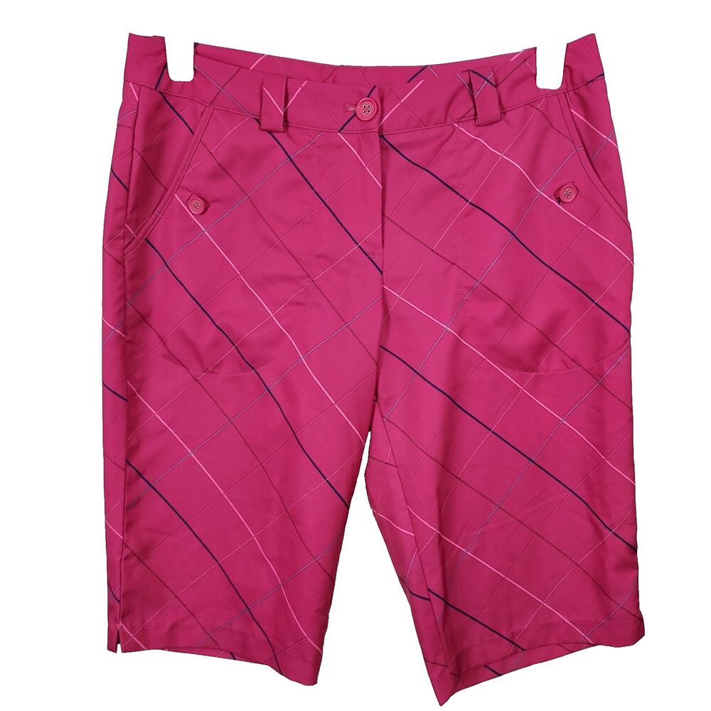 Nike Golf Bermuda Shorts Women Size Medium Dry Fit Pink Plaid Tennis Pockets